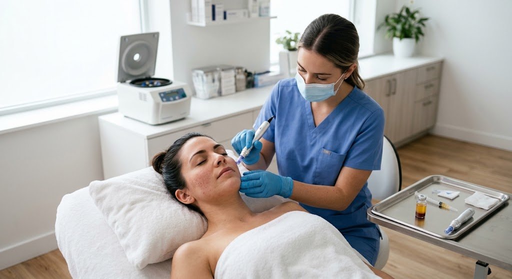 Nurse performing a PRP microneedling facial in a Toronto clinic